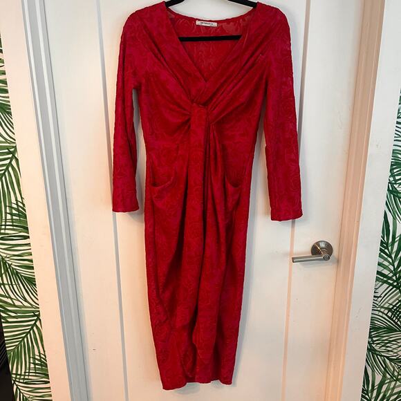 Zara Red Long Sleeve Floral Brocade Midi Dress Small - Picture 2 of 7